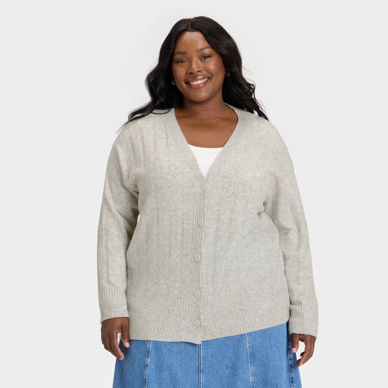 slide 1 of 3, Women's Knit Ribbed Cardigan Sweater - Universal Thread™ Heather Gray XXL, 1 ct