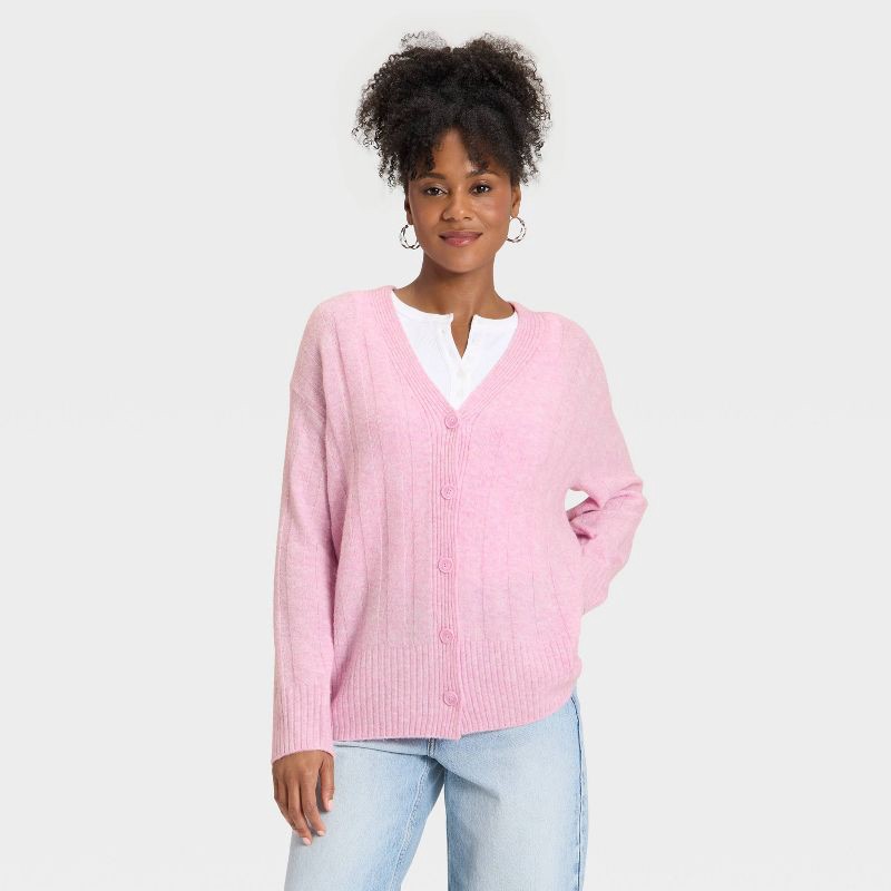 slide 1 of 3, Women's Knit Ribbed Cardigan Sweater - Universal Thread™ Pink XS, 1 ct