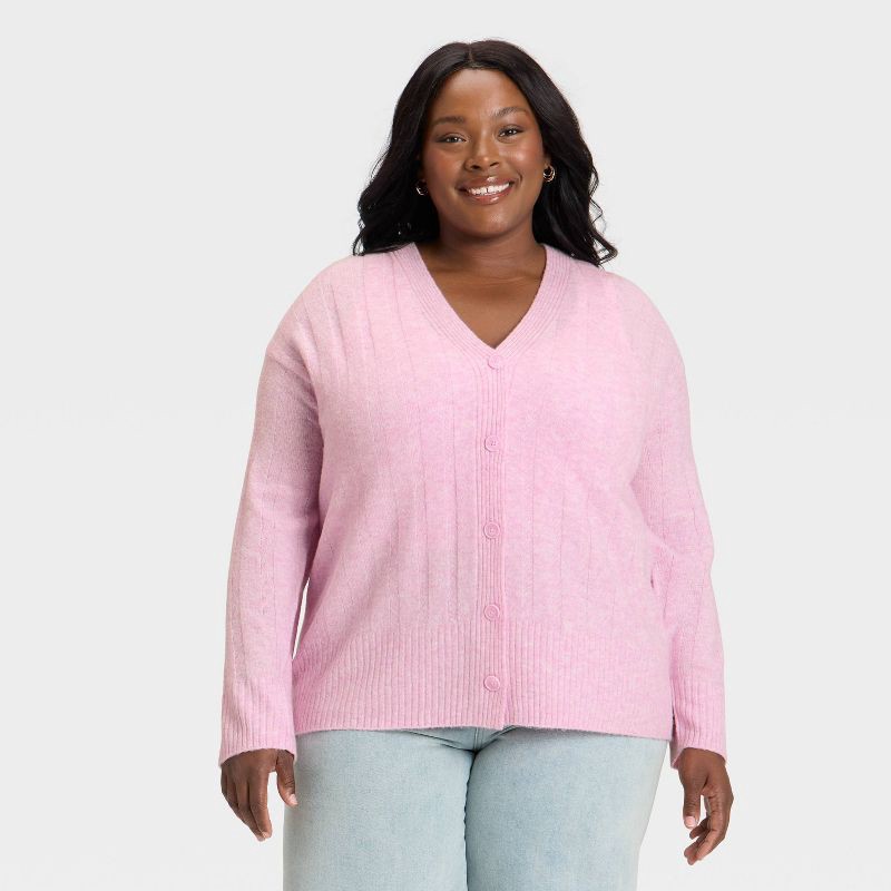 slide 1 of 3, Women's Knit Ribbed Cardigan Sweater - Universal Thread™ Pink XXL, 1 ct