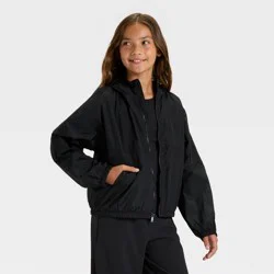 Girls' Solid Windbreaker Jacket - All In Motion™ Black S