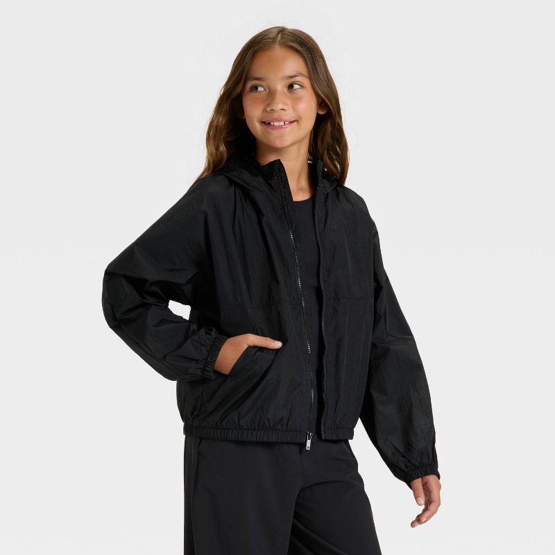 slide 1 of 3, Girls' Solid Windbreaker Jacket - All In Motion™ Black L, 1 ct