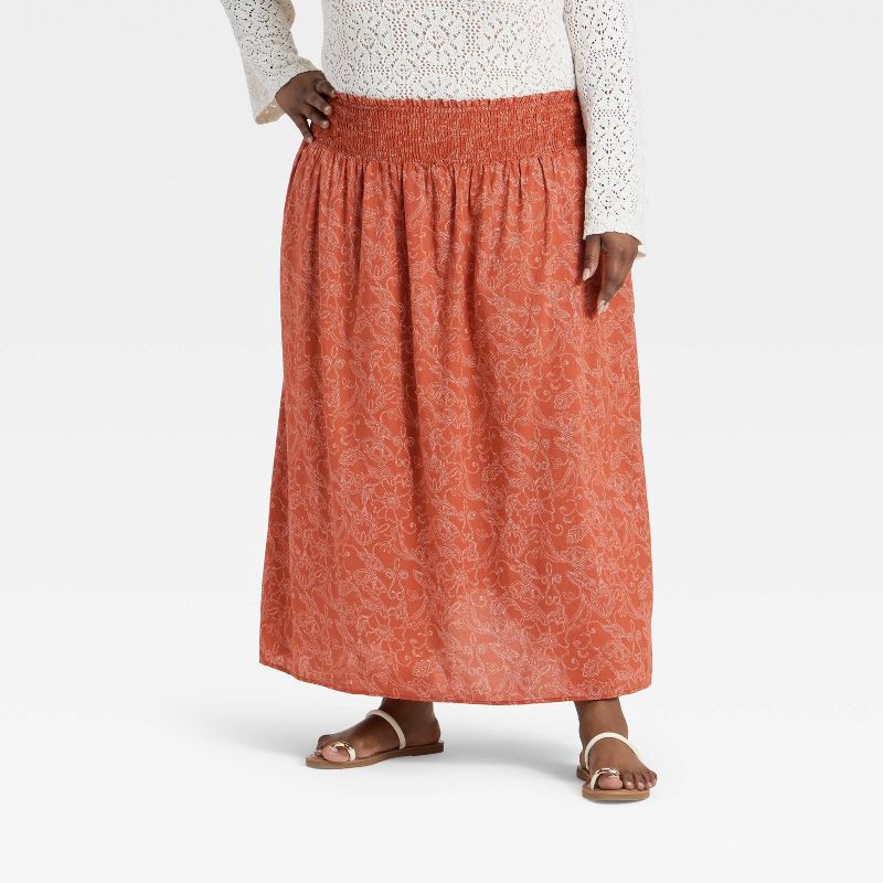 slide 1 of 3, Women's Printed Maxi Skirt - Universal Thread™ Rust Floral XXL, 1 ct