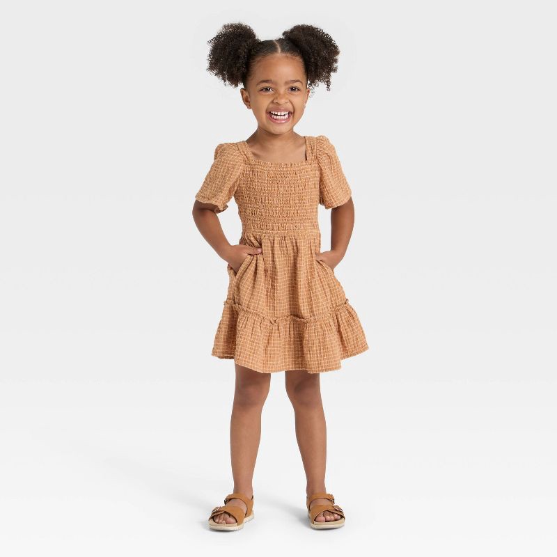 slide 2 of 3, Toddler Girls' Short Sleeve Windowpane Dress - Cat & Jack™ Brown 3T, 1 ct