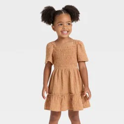 Toddler Girls' Short Sleeve Windowpane Dress - Cat & Jack™ Brown 5T