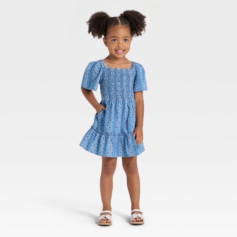 slide 3 of 3, Toddler Girls' Short Sleeve Chambray Dress - Cat & Jack™ Blue 2T, 1 ct
