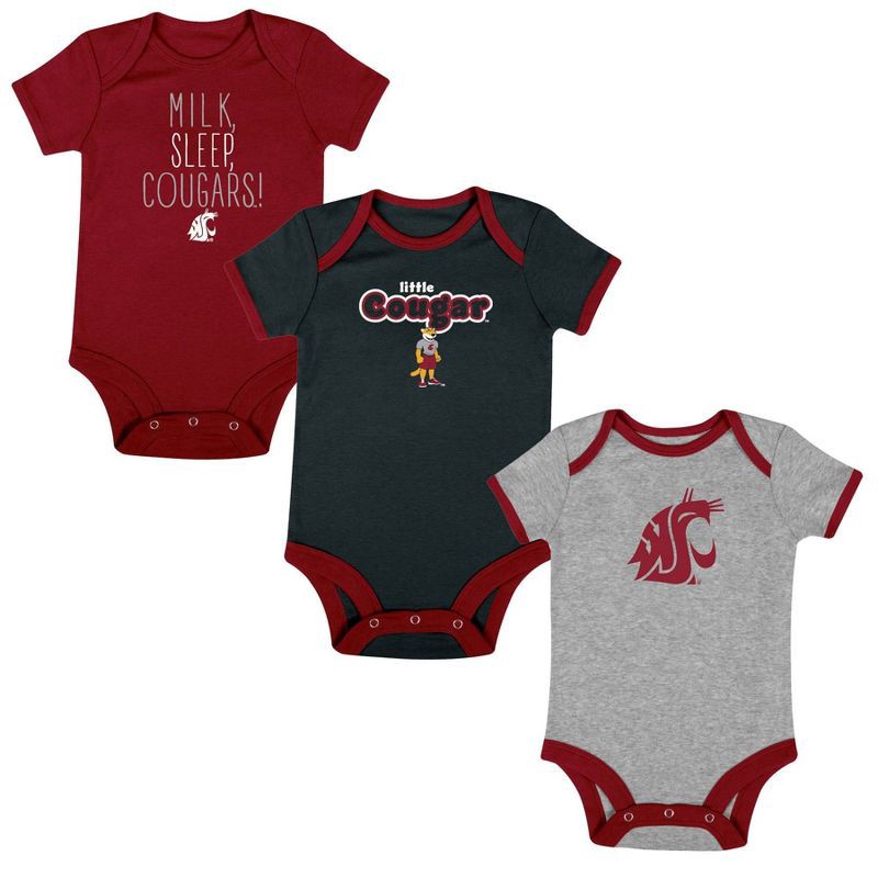 slide 4 of 4, NCAA Washington State Cougars Infant Boys' 3pk Bodysuit - 3-6M: Cotton-Polyester Blend, Adjustable Snap Closure, 3 ct