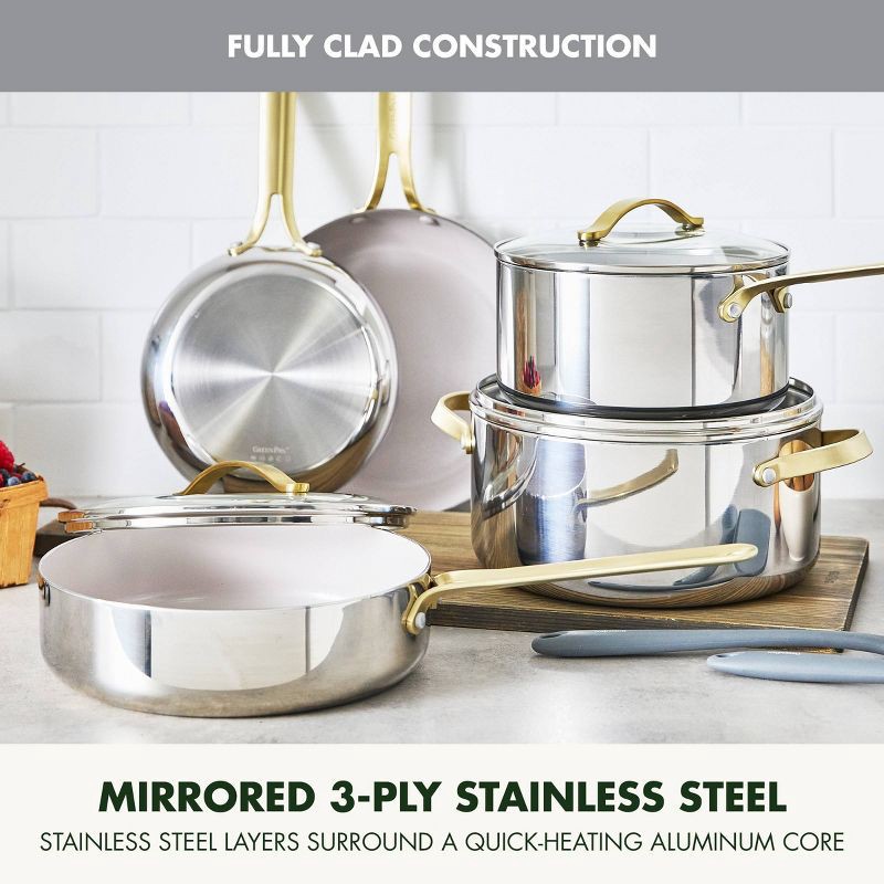 slide 6 of 10, GreenPan Nova Gallery 10pc Stainless Steel and Ceramic Nonstick Champagne Handle Cookware Set, 10 ct