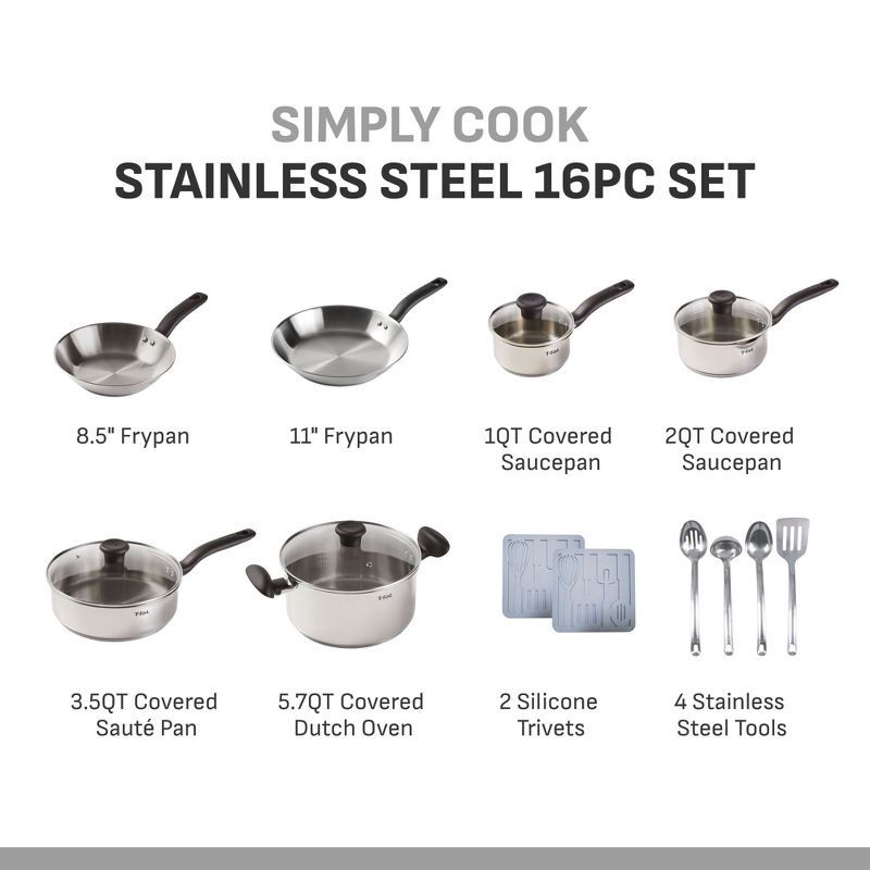 slide 2 of 11, T-Fal Simply Cook 16pc Stainless Steel Cookware Set, 16 ct