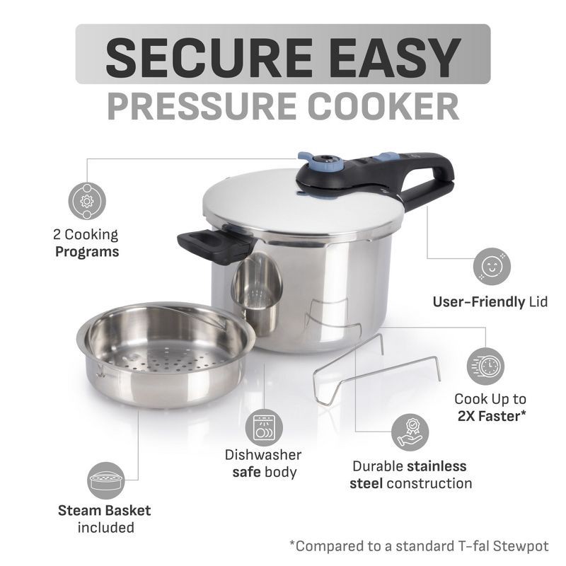 slide 9 of 10, T-Fal 6qt Stainless Steel Pressure Cooker with Straining Basket, 6 qt