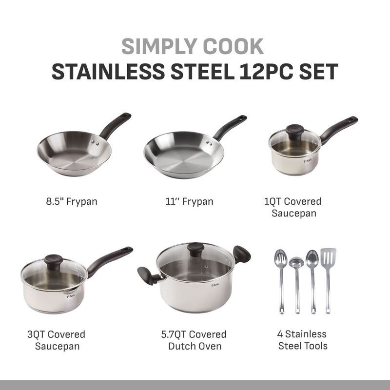 slide 2 of 10, T-Fal Simply Cook 12pc Stainless Steel Cookware Set Gray, 12 ct