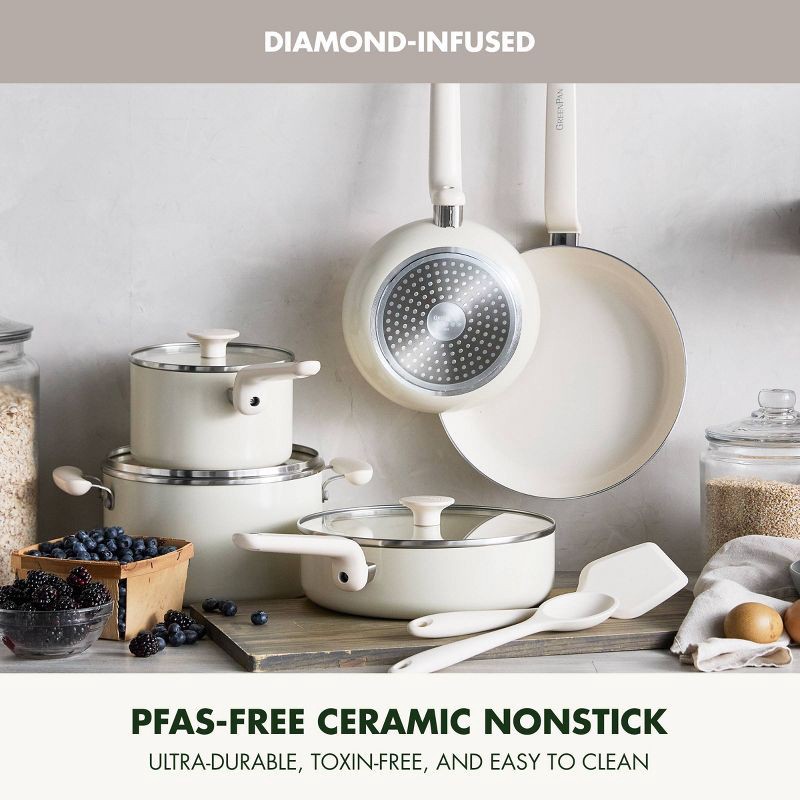 slide 3 of 10, GreenPan Rio Advanced 10pc Ceramic Nonstick Cookware Set Cream, 10 ct