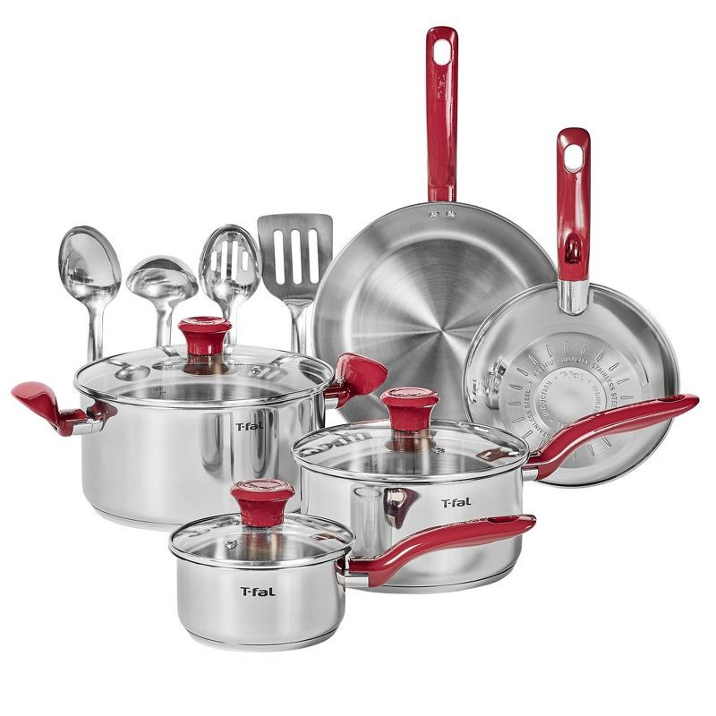 slide 1 of 10, T-Fal Simply Cook 12pc Stainless Steel Cookware Set Red, 12 ct