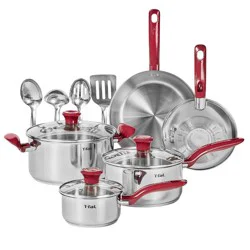 T-Fal Simply Cook 12pc Stainless Steel Cookware Set Red Handle