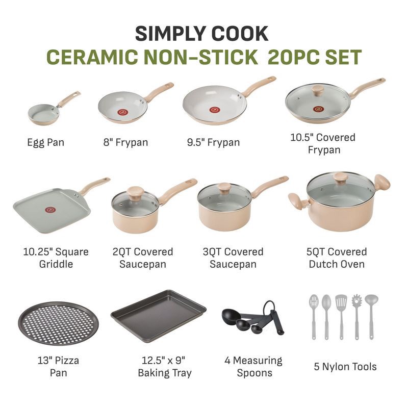 slide 2 of 11, T-Fal Simply Cook 20pc Ceramic Nonstick Cookware Set Beige, 20 ct
