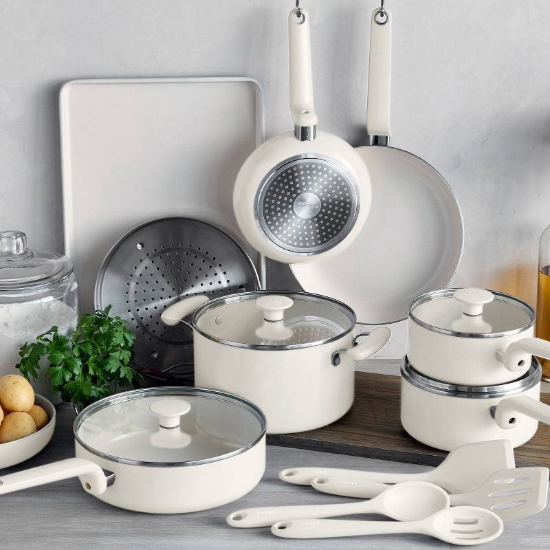slide 2 of 10, GreenPan Rio Advanced 16pc Ceramic Nonstick Cookware Set Cream, 16 ct