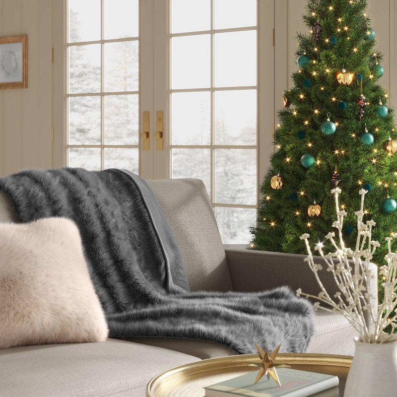 slide 2 of 5, Faux Fur Throw Blanket Gray - Threshold™, 1 ct