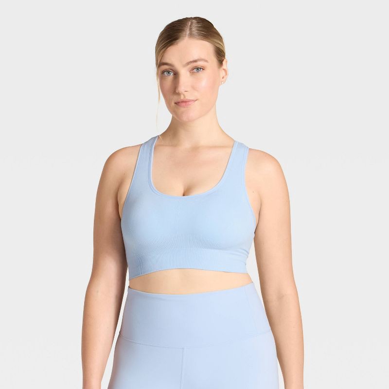 slide 4 of 6, Women's Seamless Medium Support Racerback Sports Bra - All In Motion™ Gentle Blue M, 1 ct