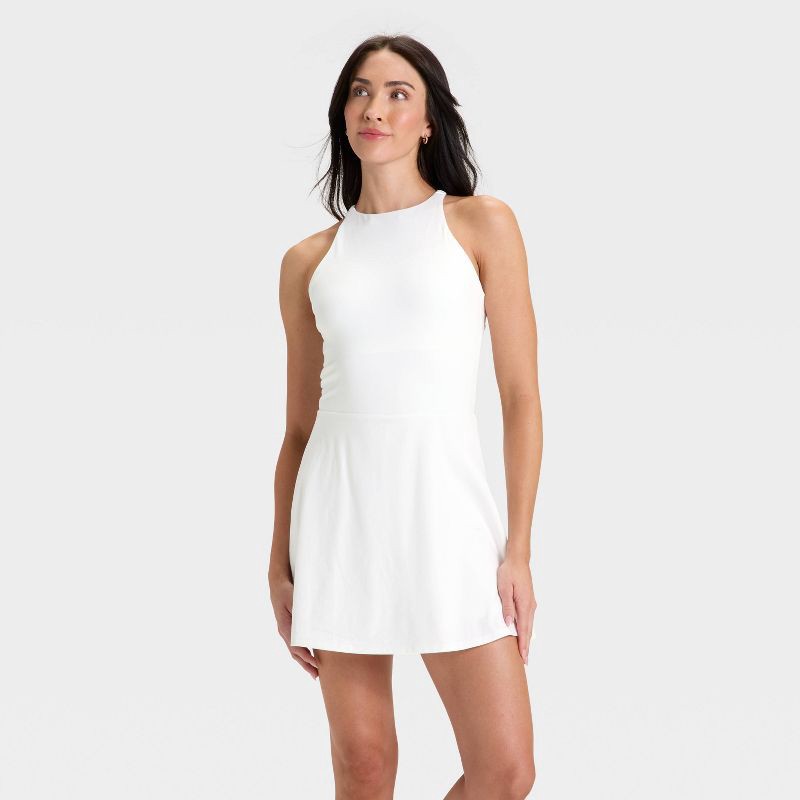 slide 1 of 6, Women's Knit High Neck Halter Active Dress - All In Motion™ White L, 1 ct