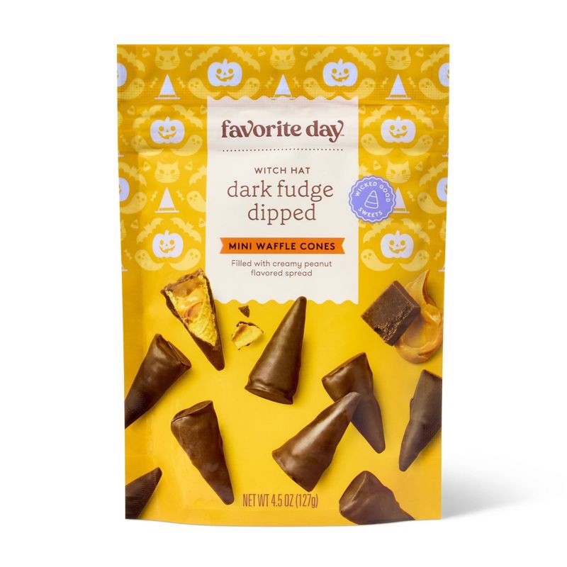slide 1 of 4, Halloween Witches Hat Dark Fudge Dipped Mini Waffle Cones with Creamy Peanut Butter Flavored Spread - 4.5oz - Favorite Day™, 4.5 oz