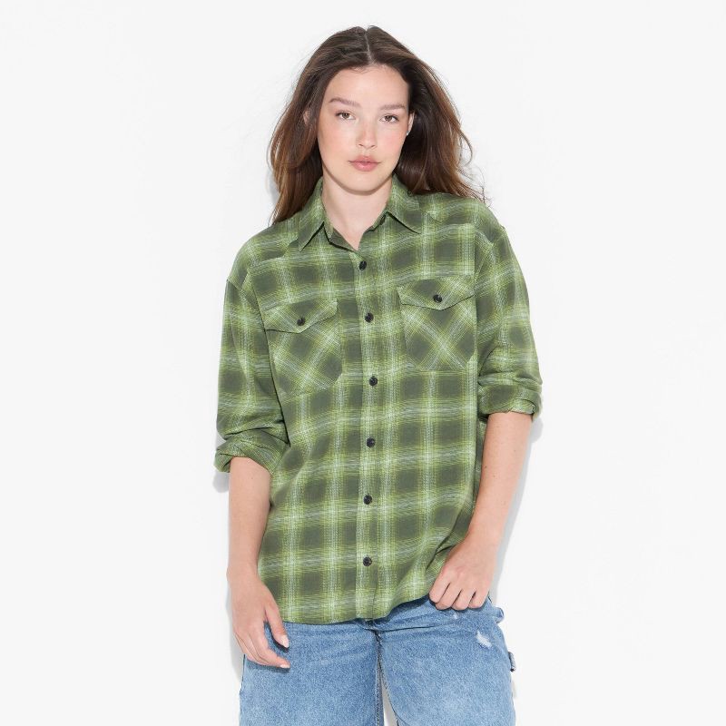 slide 2 of 3, Women's Oversized Long Sleeve Collared Flannel Shirt - Wild Fable™ Olive Green Plaid M, 1 ct