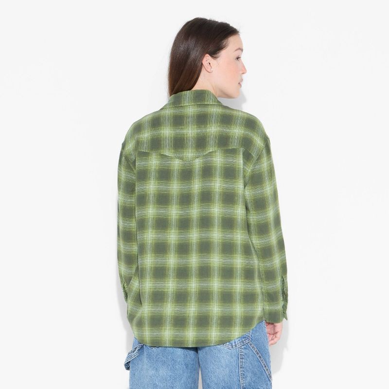 slide 3 of 3, Women's Oversized Long Sleeve Collared Flannel Shirt - Wild Fable™ Olive Green Plaid L, 1 ct