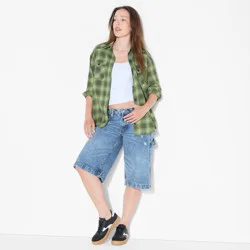 Women's Oversized Long Sleeve Collared Flannel Shirt - Wild Fable™ Olive Green Plaid XL