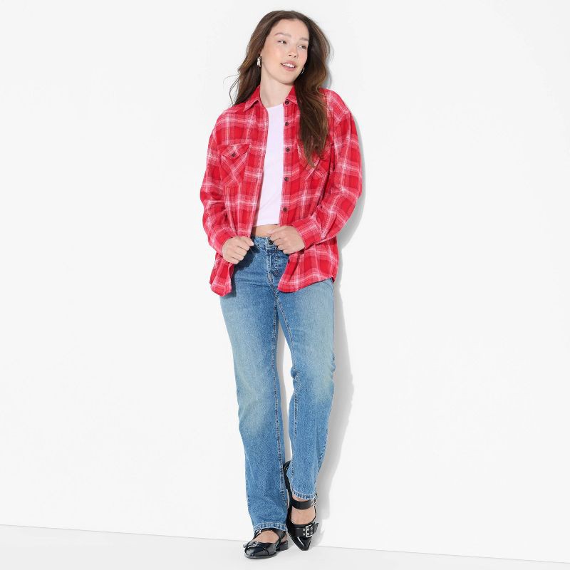 slide 1 of 3, Women's Oversized Long Sleeve Collared Flannel Shirt - Wild Fable™ Burgundy Plaid M, 1 ct