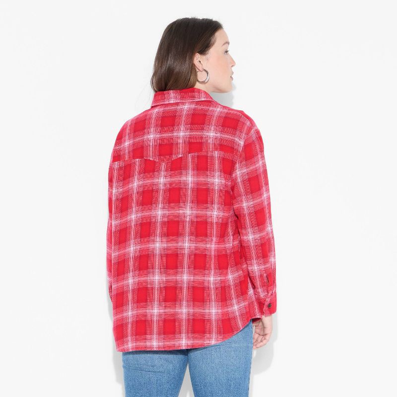 slide 3 of 3, Women's Oversized Long Sleeve Collared Flannel Shirt - Wild Fable™ Burgundy Plaid L, 1 ct