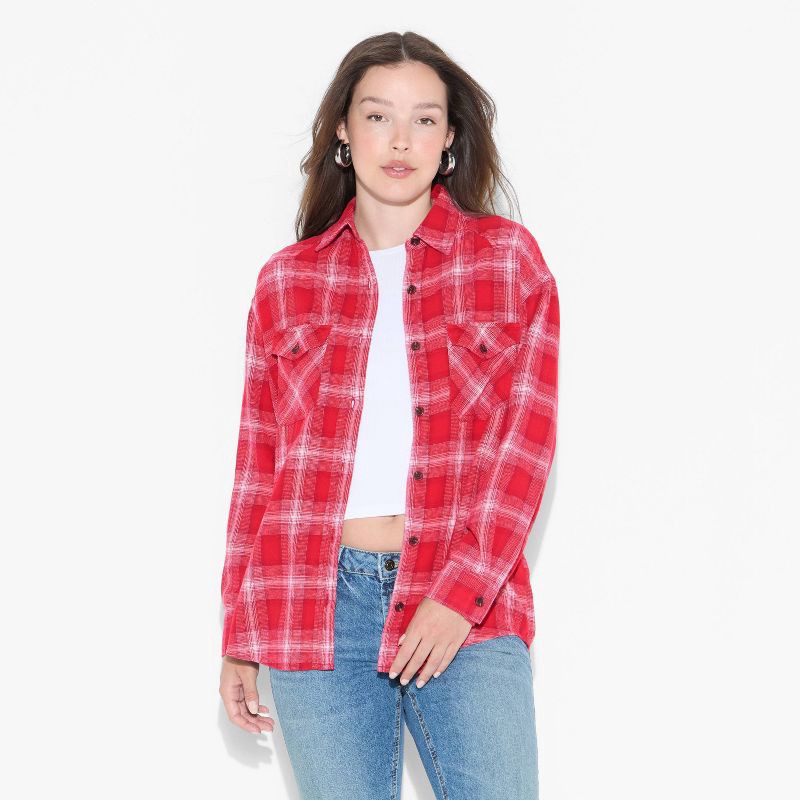 slide 2 of 3, Women's Oversized Long Sleeve Collared Flannel Shirt - Wild Fable™ Burgundy Plaid XL, 1 ct