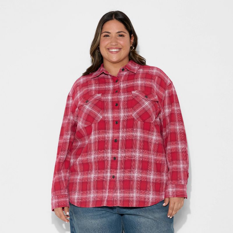 slide 2 of 3, Women's Oversized Long Sleeve Collared Flannel Shirt - Wild Fable™ Burgundy Plaid XXL, 1 ct