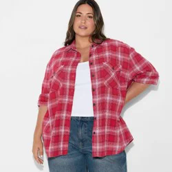 Women's Oversized Long Sleeve Collared Flannel Shirt - Wild Fable™ Burgundy Plaid XXL