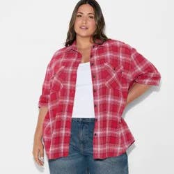 Women's Oversized Long Sleeve Collared Flannel Shirt - Wild Fable™ Burgundy Plaid XXL