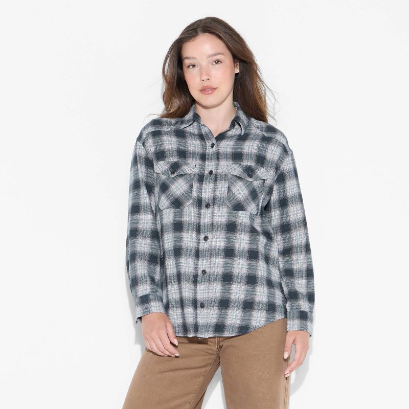 slide 2 of 3, Women's Oversized Long Sleeve Collared Flannel Shirt - Wild Fable™ Black Plaid XS, 1 ct