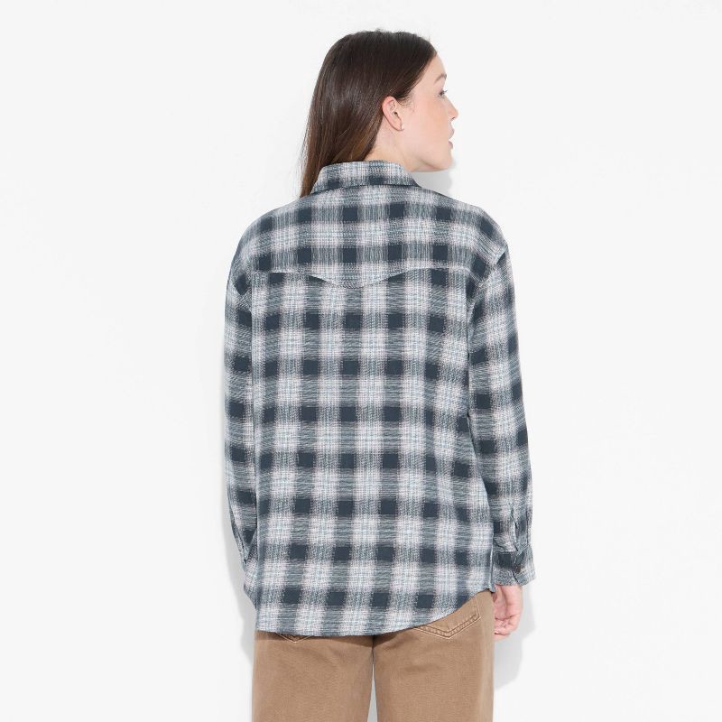 slide 3 of 3, Women's Oversized Long Sleeve Collared Flannel Shirt - Wild Fable™ Black Plaid S, 1 ct