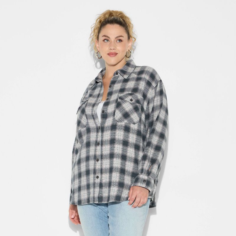 slide 2 of 3, Women's Oversized Long Sleeve Collared Flannel Shirt - Wild Fable™ Black Plaid XXL, 1 ct