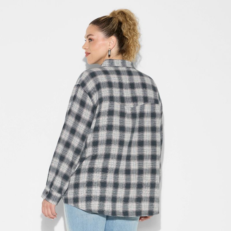 slide 3 of 3, Women's Oversized Long Sleeve Collared Flannel Shirt - Wild Fable™ Black Plaid XXL, 1 ct