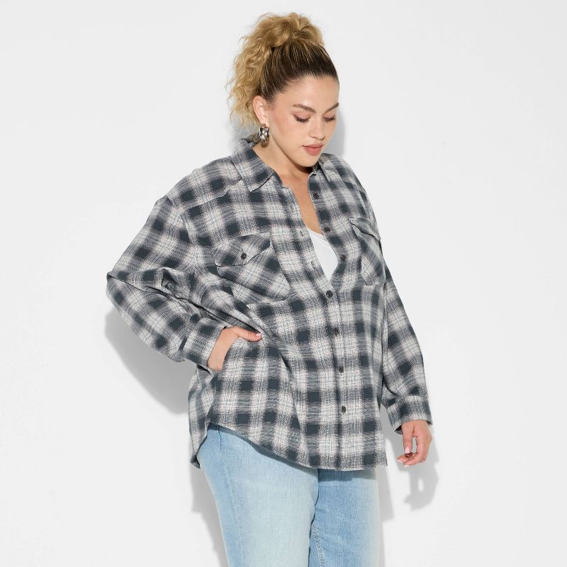 slide 1 of 3, Women's Oversized Long Sleeve Collared Flannel Shirt - Wild Fable™ Black Plaid XXL, 1 ct