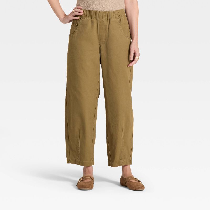 slide 1 of 3, Women's Mid-Rise Barrel Leg Pull-On Pants - Universal Thread™ Olive Green L, 1 ct