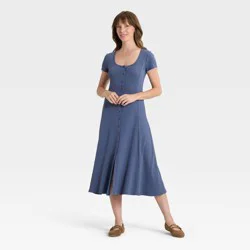 Women's Short Sleeve Knit Button-Front Midi A-Line Dress - Universal Thread™ Blue M