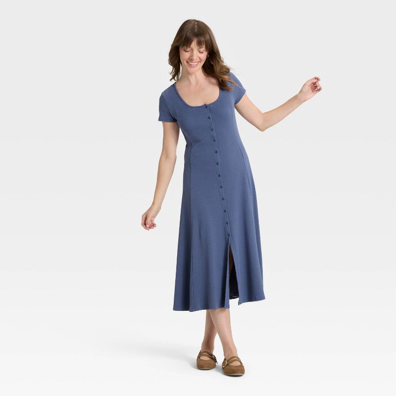 slide 3 of 3, Women's Short Sleeve Knit Button-Front Midi A-Line Dress - Universal Thread™ Blue L, 1 ct