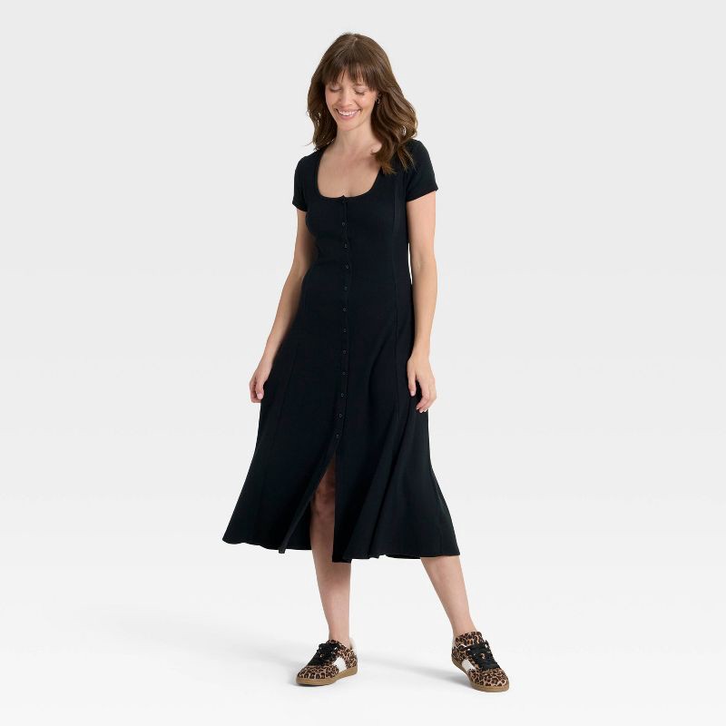slide 2 of 3, Women's Short Sleeve Knit Button-Front Midi A-Line Dress - Universal Thread™ Black XS, 1 ct