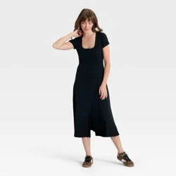 Women's Short Sleeve Knit Button-Front Midi A-Line Dress - Universal Thread™ Black L