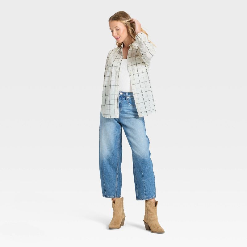 slide 3 of 3, Women's Long Sleeve Collared Neck Button-Down Shirt - Universal Thread™ Cream Plaid S, 1 ct