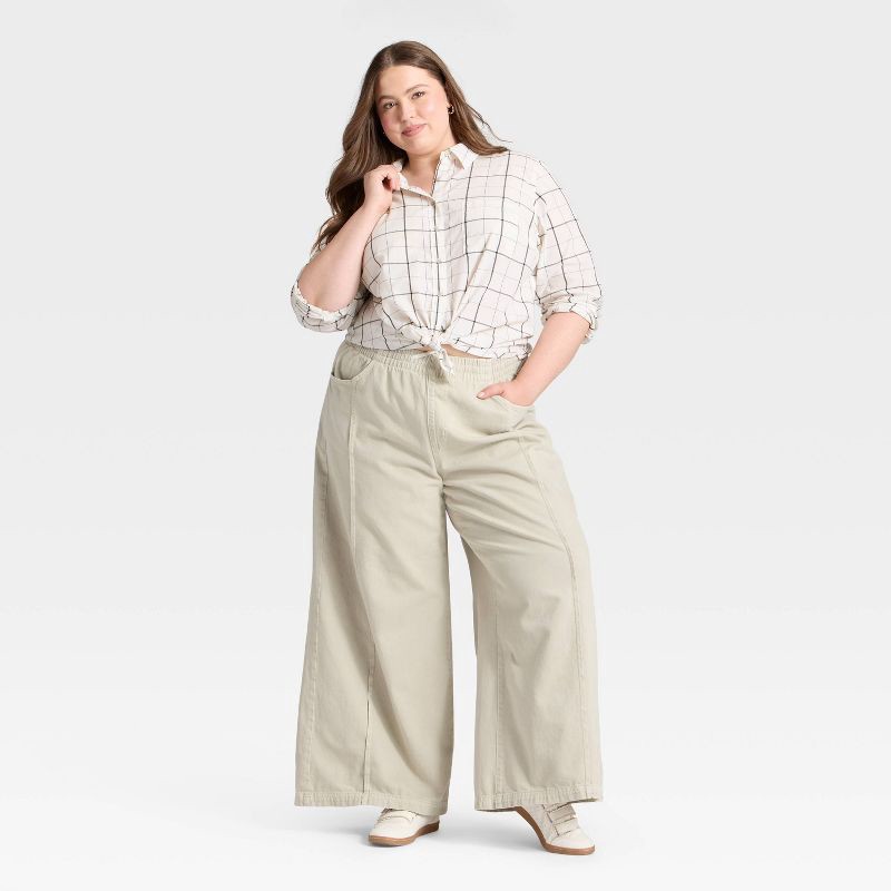 slide 3 of 3, Women's Long Sleeve Collared Neck Button-Down Shirt - Universal Thread™ Cream Plaid XXL, 1 ct