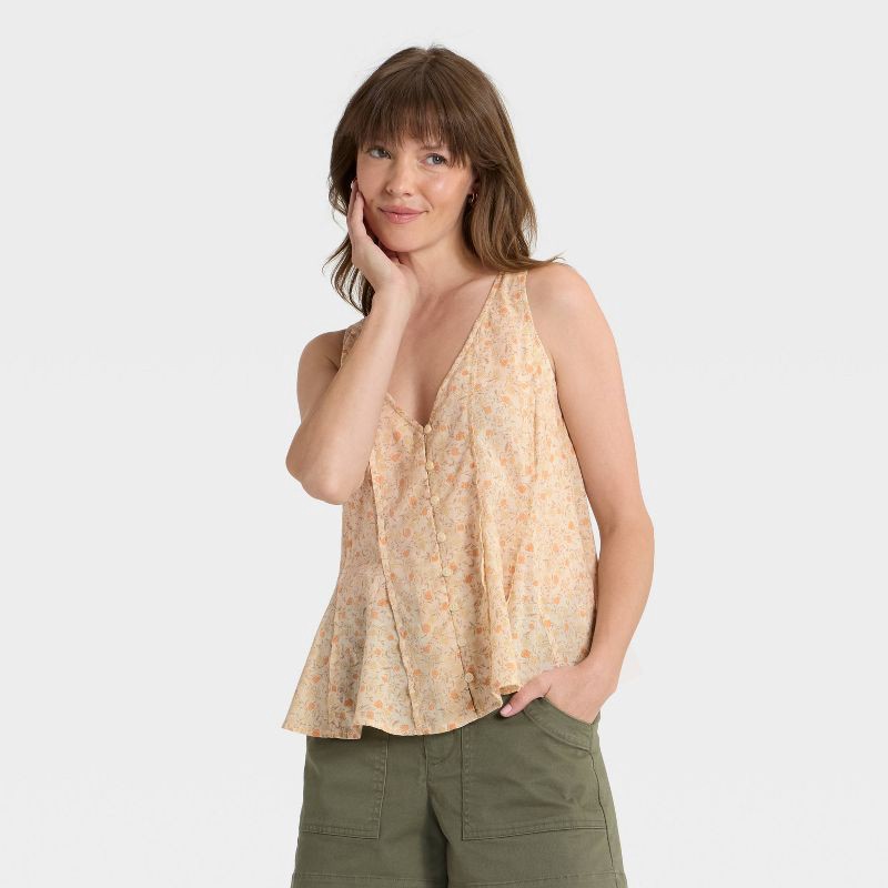 slide 1 of 3, Women's Button-Down Pintuck Tank Top - Universal Thread™ Cream Floral XL, 1 ct