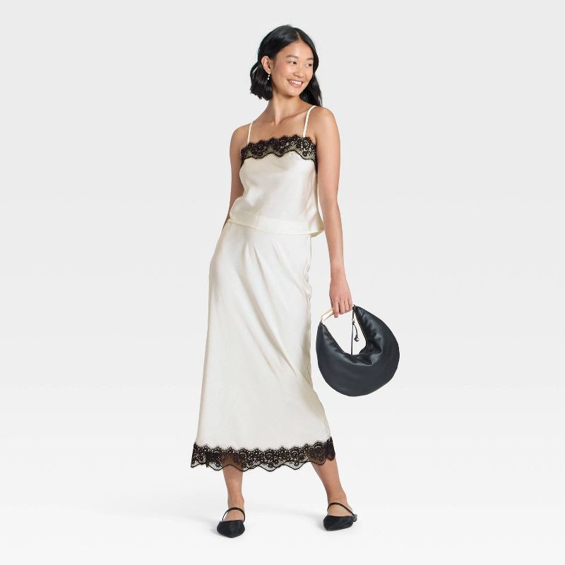 slide 3 of 3, Women's Lace Trim Midi Skirt - A New Day™ Cream M, 1 ct