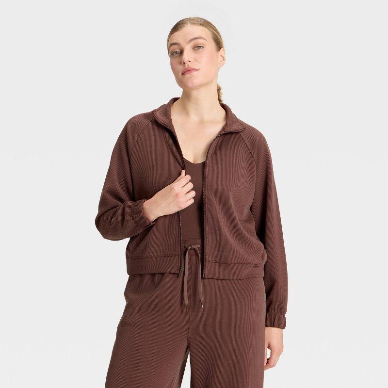 slide 4 of 5, Women's Airy Sleek Ribbed Full Zip Jacket - All In Motion™ Brown M, 1 ct