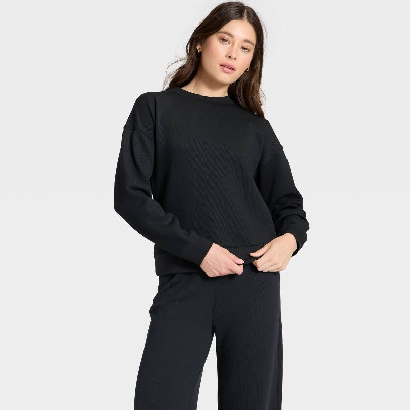 slide 3 of 5, Women's Airy Sleek Ribbed Crewneck Sweatshirt - All In Motion™ Black M, 1 ct