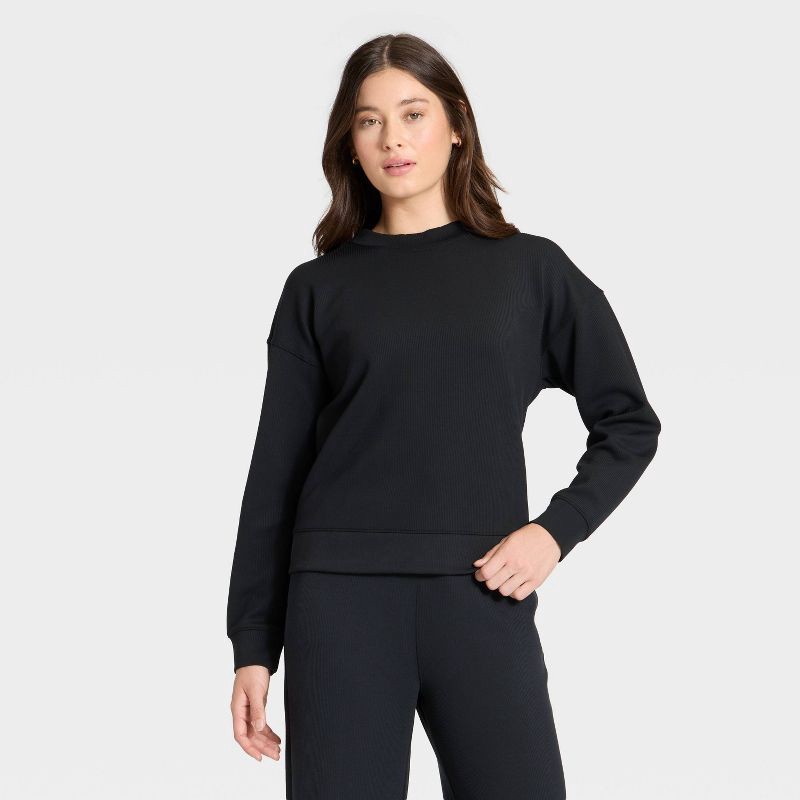 slide 1 of 5, Women's Airy Sleek Ribbed Crewneck Sweatshirt - All In Motion™ Black M, 1 ct