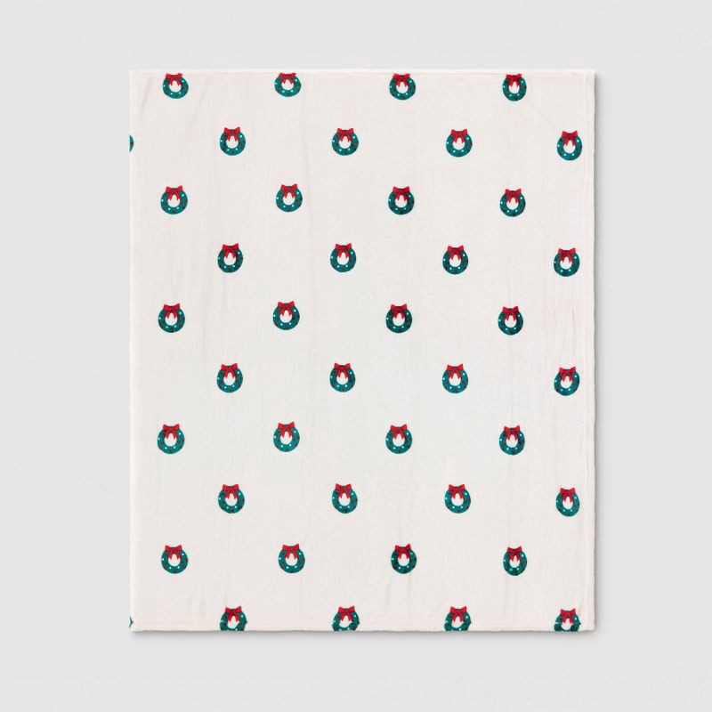 slide 3 of 5, Christmas Wreath Plush Throw Blanket Ivory/Green/Red - Wondershop™, 1 ct